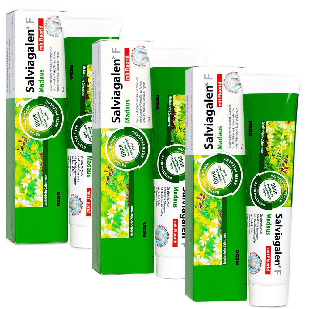 Zahnpasta-Tuben und -Verpackungen. Aufschrift: Salviagalen F mit Fluorid, Madaus. Grüne und weiße Farben.