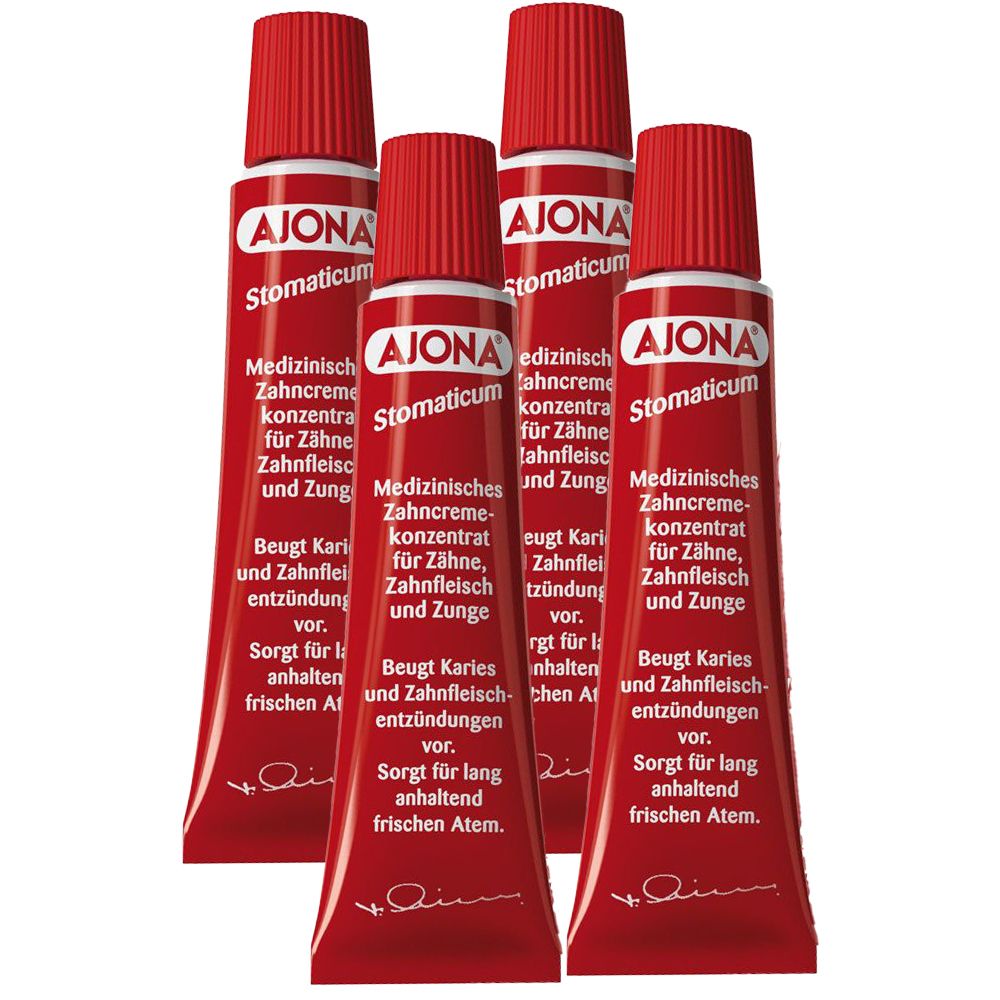 Quatre tubes de dentifrice Ajona Stomaticum. Tubes rouges avec texte blanc. Inscription : Dentifrice médical.