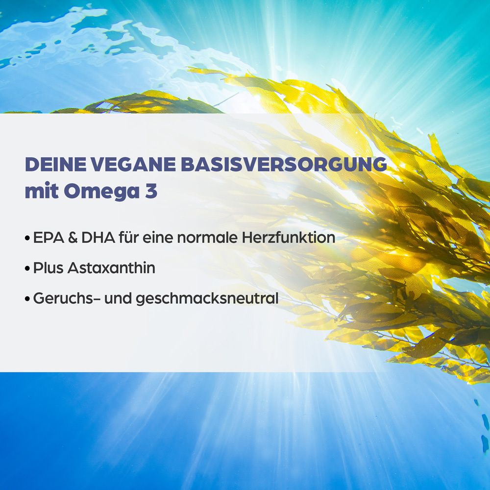 Blau-gelber Hintergrund mit Algen. Text: Deine vegane Basisversorgung mit Omega 3. EPA & DHA. Plus Astaxanthin.