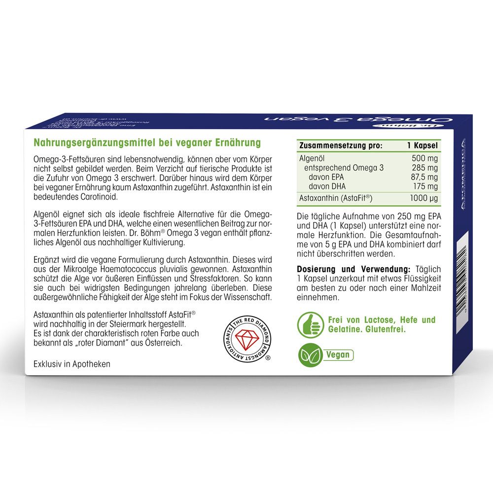 Rückseite der Schachtel Dr. Böhm® Omega 3 vegan. Inhaltsstoffe, Dosierung, Hinweise. Vegan-Siegel.