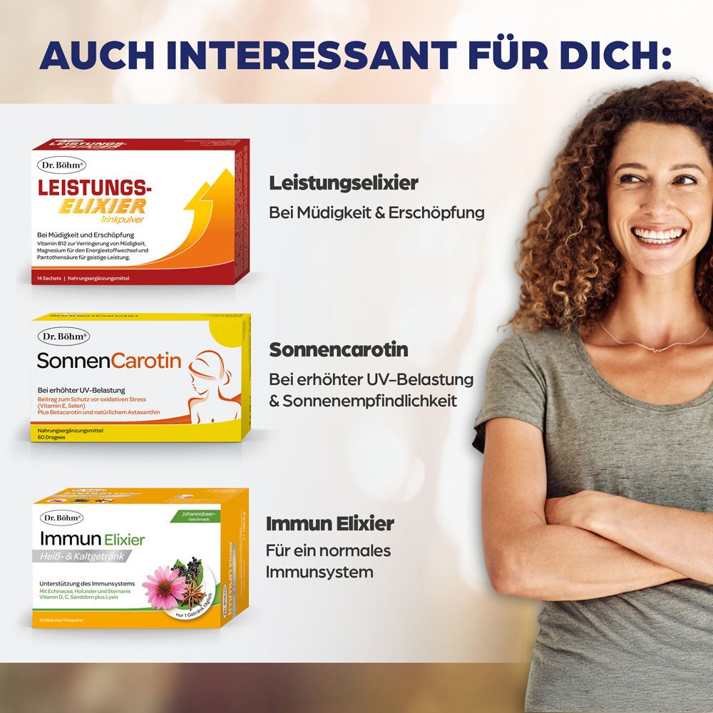 Frau neben Produktboxen: Leistungs-Elixier, Sonnen-Carotin, Immun Elixier. Text: Auch interessant für dich.