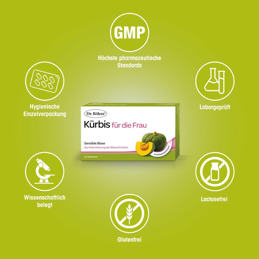 Emballage du produit avec logos et icônes. Logos : GMP, sans lactose, sans gluten. Icônes : comprimés, laboratoire, scientifiquement prouvé.