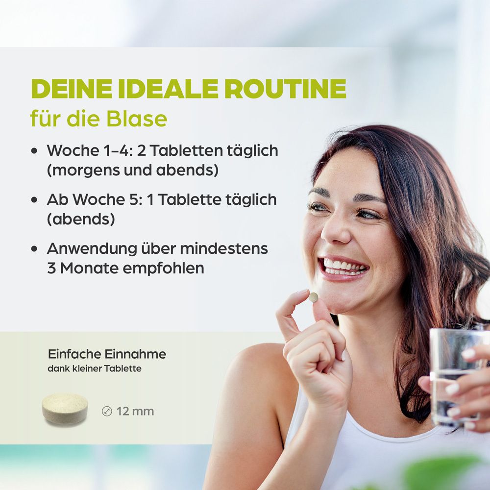 Femme prenant un comprimé avec un verre d'eau. Texte : Votre routine idéale pour la vessie. Prise : comprimé de 12 mm.