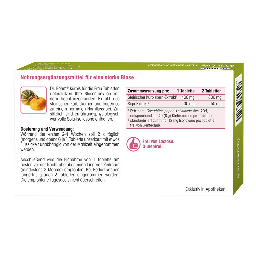 Emballage du produit avec texte et ingrédients. Texte : Dr. Böhm® Kürbis für die Frau. Ingrédients : extrait de graines de citrouille, extrait de soja.