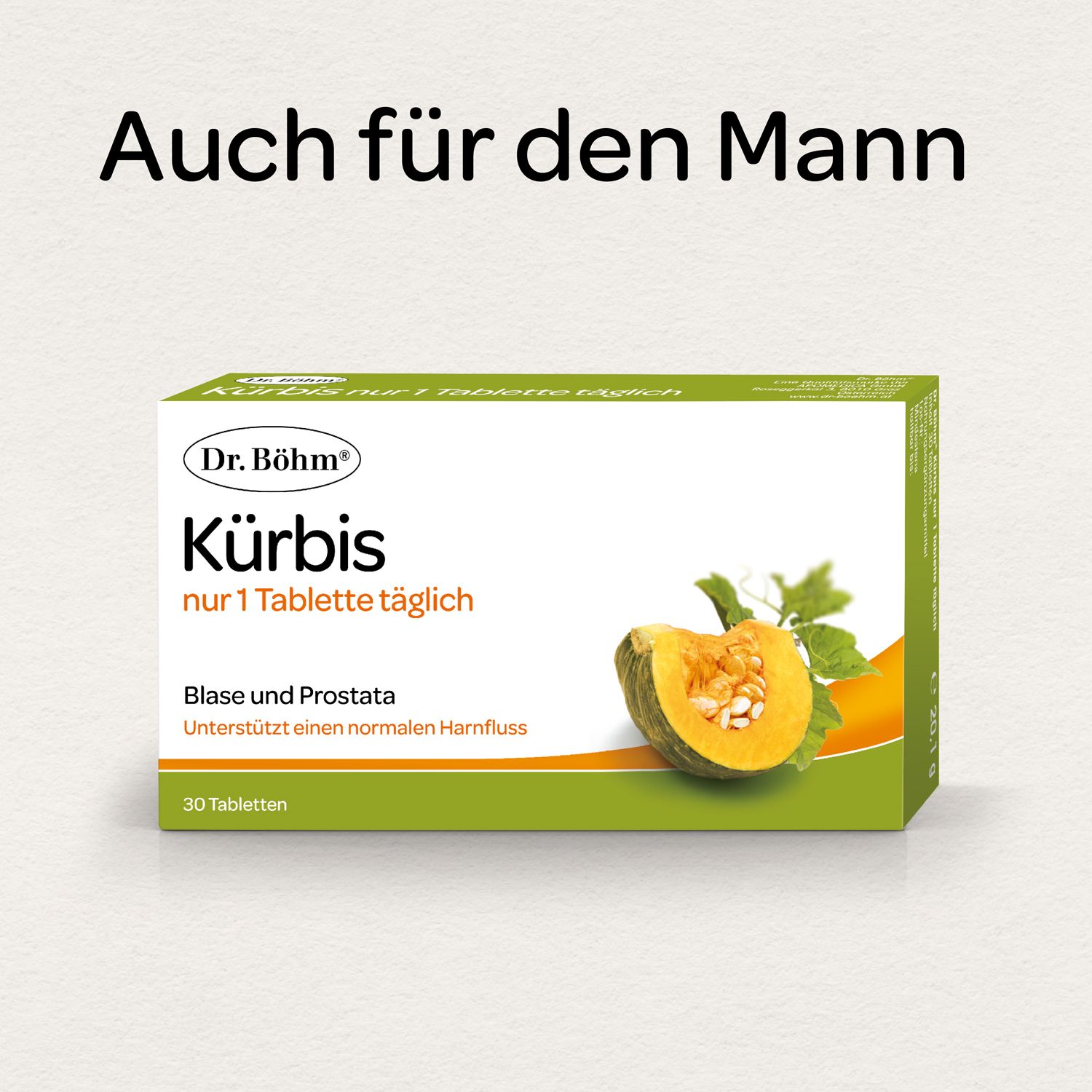 Emballage du produit pour hommes. Inscription: Dr. Böhm Kürbis. Texte: Vessie et prostate. Illustration: citrouille et tranche.