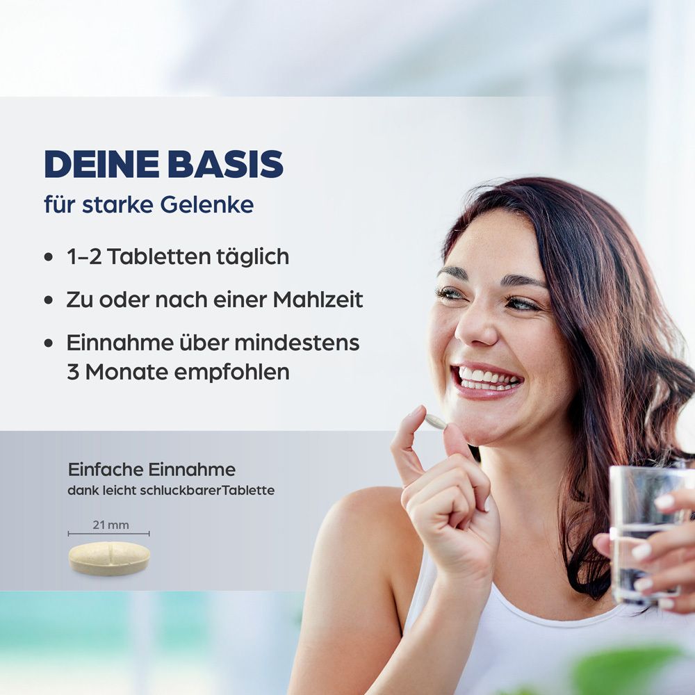 Femme tenant un comprimé et un verre d'eau. Texte : Votre base pour des articulations fortes. 1-2 comprimés par jour. Prise recommandée pendant au moins 3 mois.