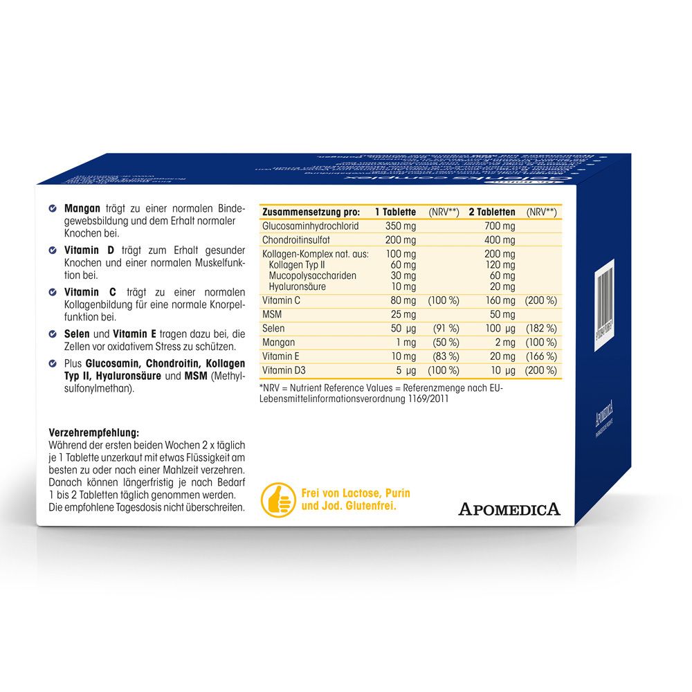 Dos de l'emballage du produit. Liste des ingrédients par comprimé et par 2 comprimés. Sans lactose, purine et iode. Sans gluten.
