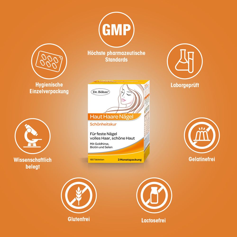 Emballage du produit avec logos et textes. Dr. Böhm Haut Haare Nägel. Certification GMP. Sans gluten, sans lactose.