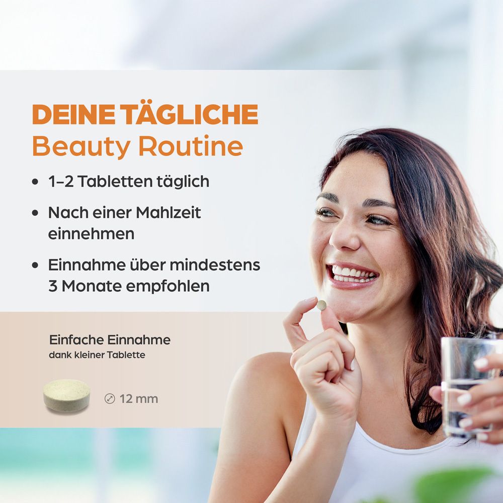 Femme prenant un comprimé. Texte : Votre routine beauté quotidienne. Comprimé 12 mm. Verre d'eau.