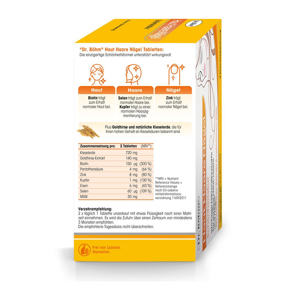 Dos de l'emballage Dr. Böhm Haut Haare Nägel. Ingrédients et informations nutritionnelles. Graphiques sur la peau, les cheveux, les ongles.