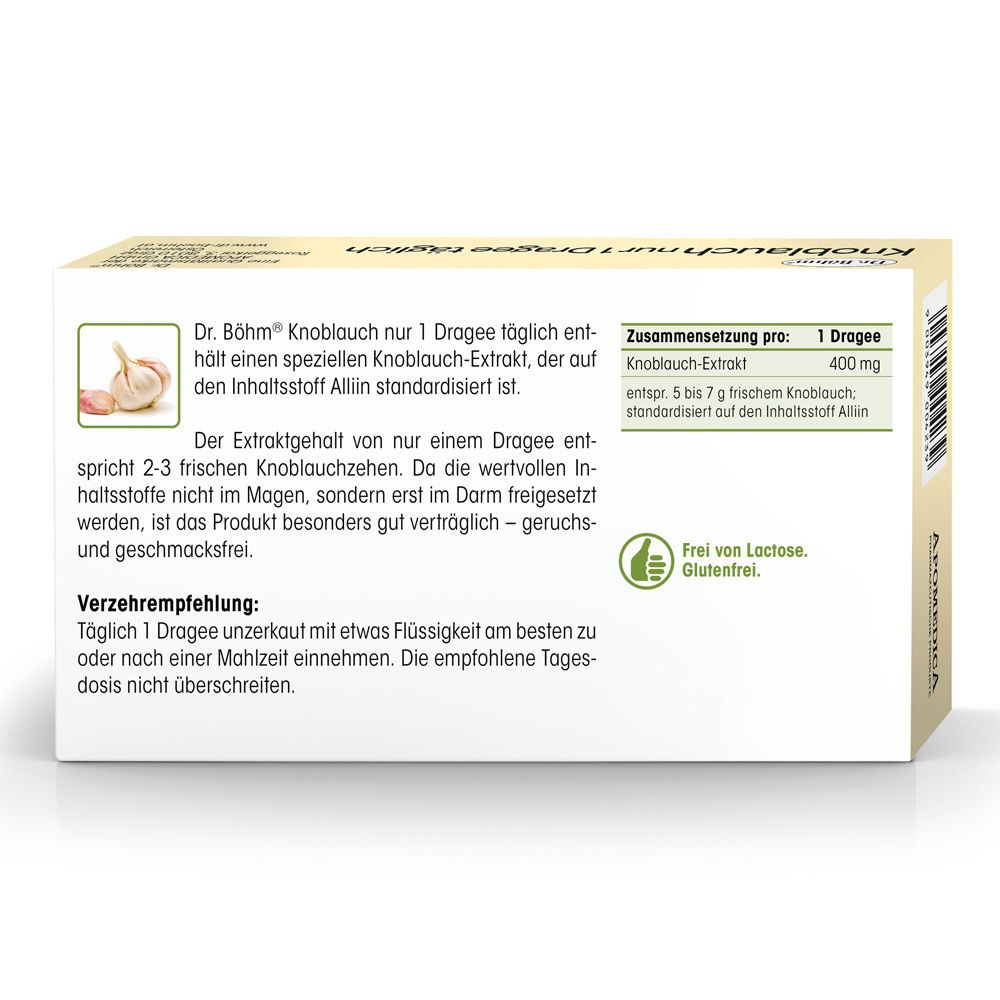 Dos de l'emballage Dr. Böhm® Knoblauch. Texte : Composition par comprimé : Extrait d'ail 400 mg. Sans lactose et sans gluten.
