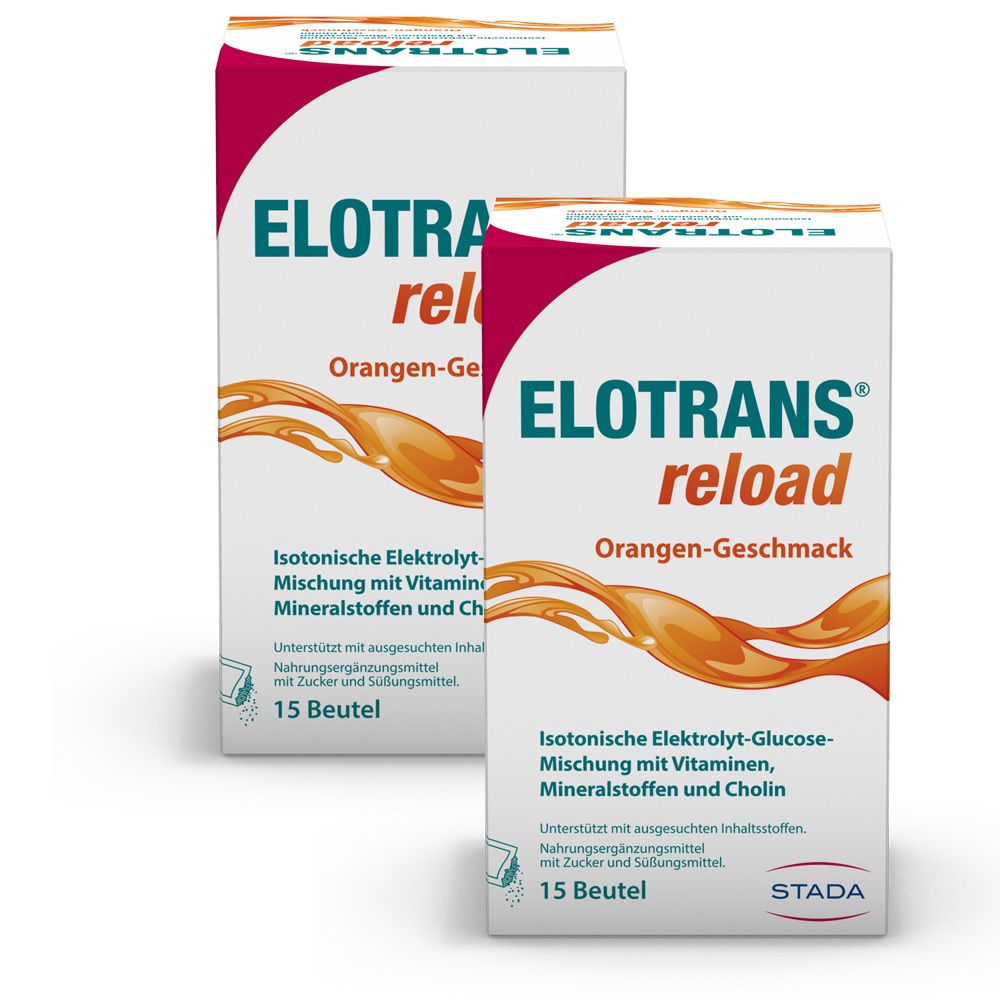 Zwei Kartons Elotrans® reload. Aufdruck: Orangen-Geschmack, 15 Beutel. Isotonische Elektrolyt-Mischung mit Vitaminen, Mineralstoffen und Cholin.