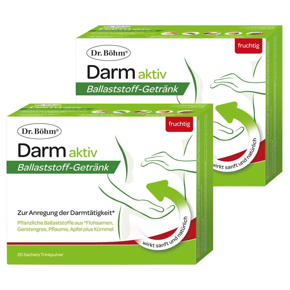 Zwei Schachteln Dr. Böhm Darm aktiv. Aufschrift: Darm aktiv Ballaststoff-Getränk. Grün-weiße Verpackung mit Illustration und Text.
