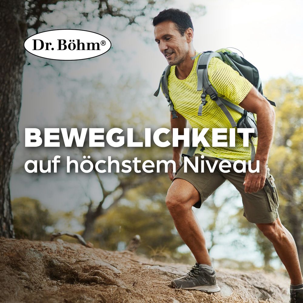 Homme en randonnée. Texte : Mobilité au plus haut niveau. Logo Dr. Böhm.