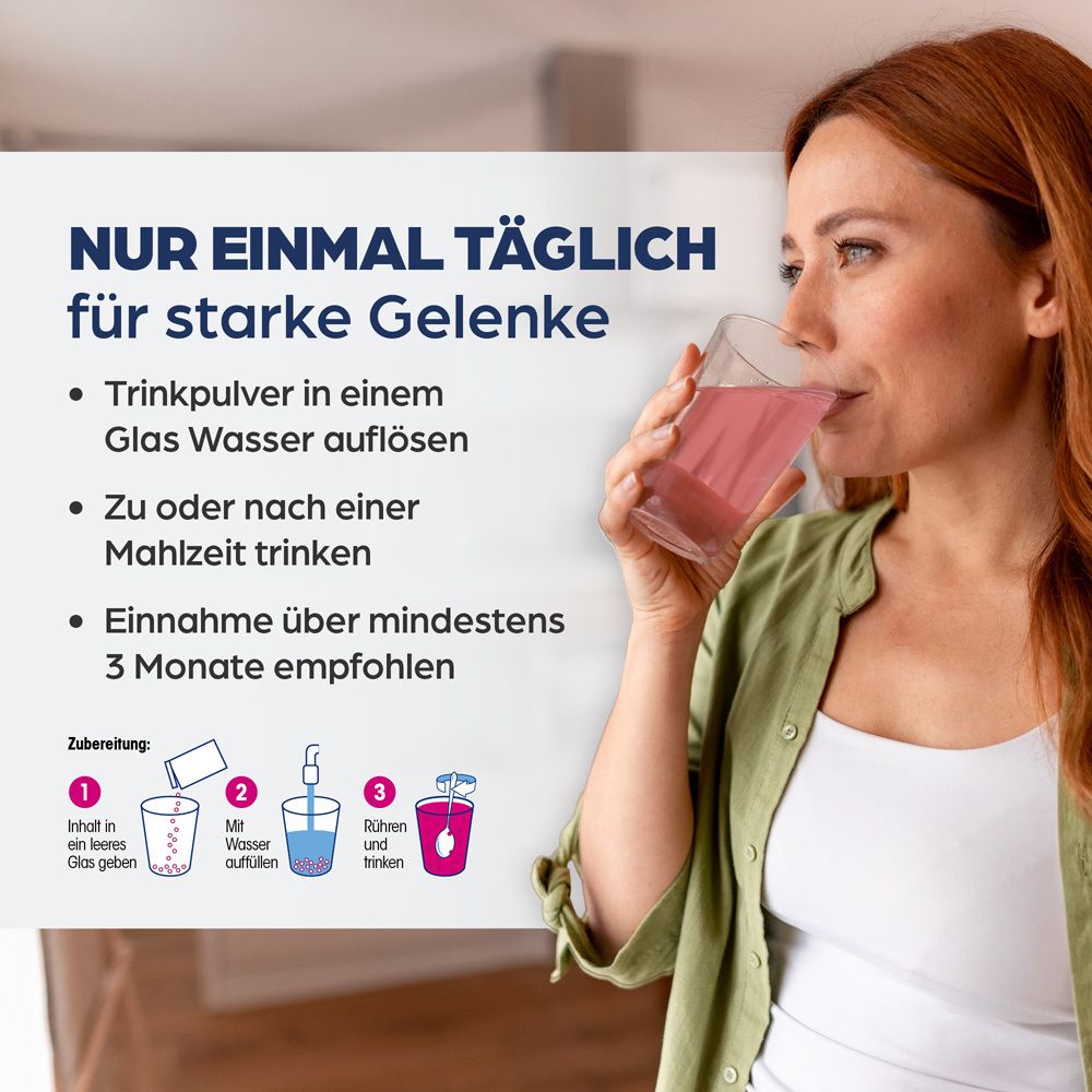Frau trinkt Getränk. Text: Nur einmal täglich für starke Gelenke. Anleitung: Pulver in Wasser auflösen, trinken.