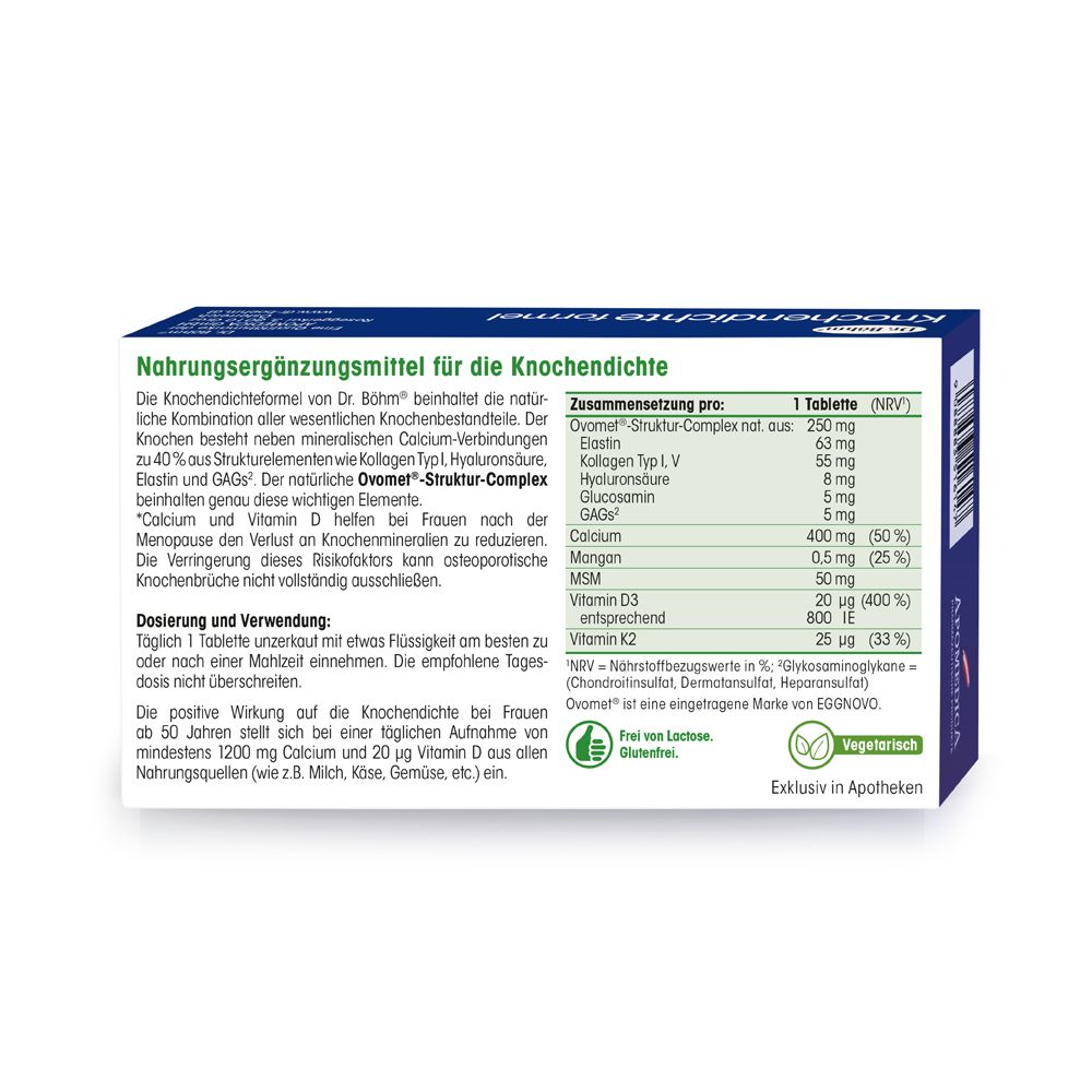 Rückseite der Packung Dr. Böhm® Knochendichteformel mit Nährwertangaben und Zusammensetzung.