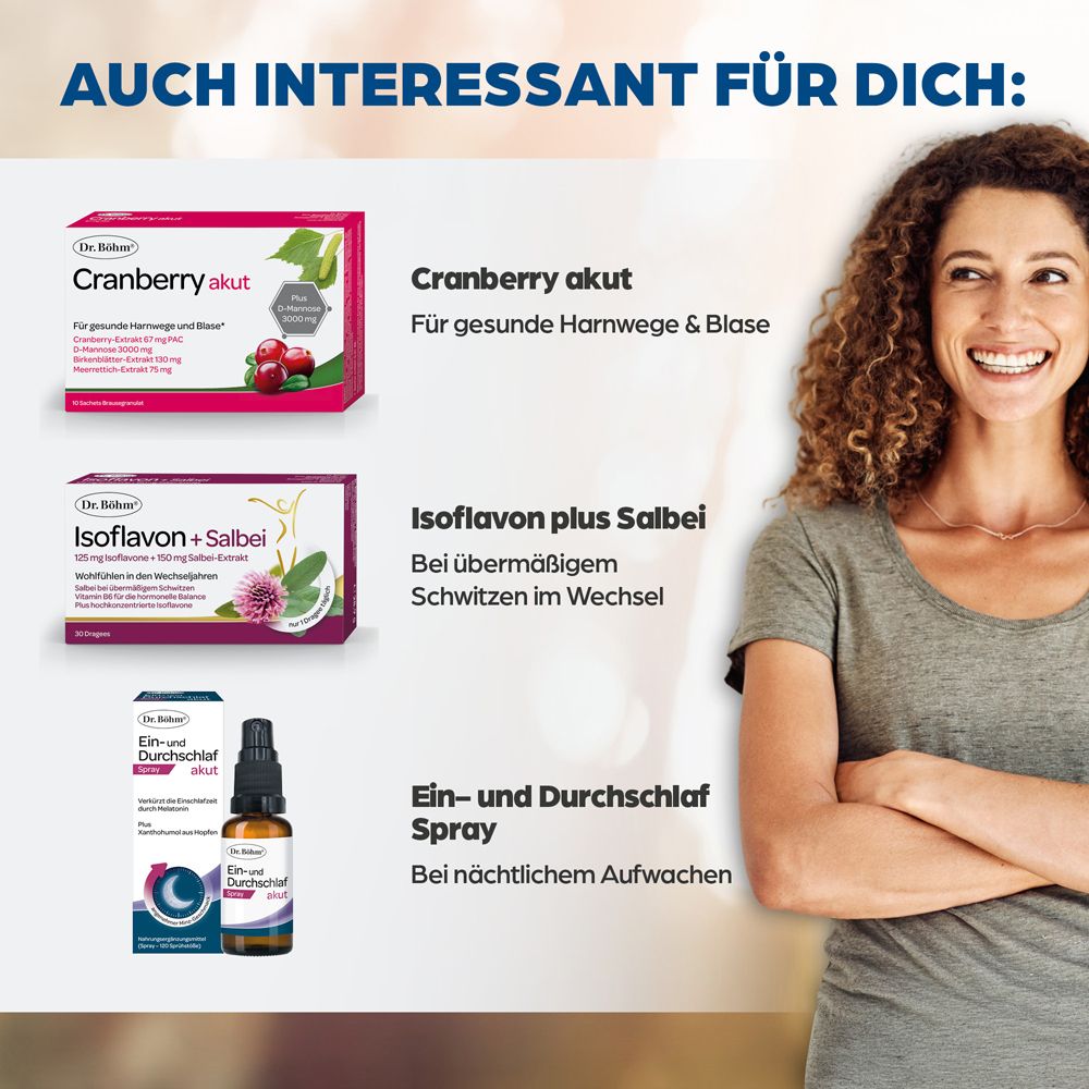 Frau lächelt neben Produkten: Cranberry akut, Isoflavon plus Salbei, Ein- und Durchschlaf Spray.