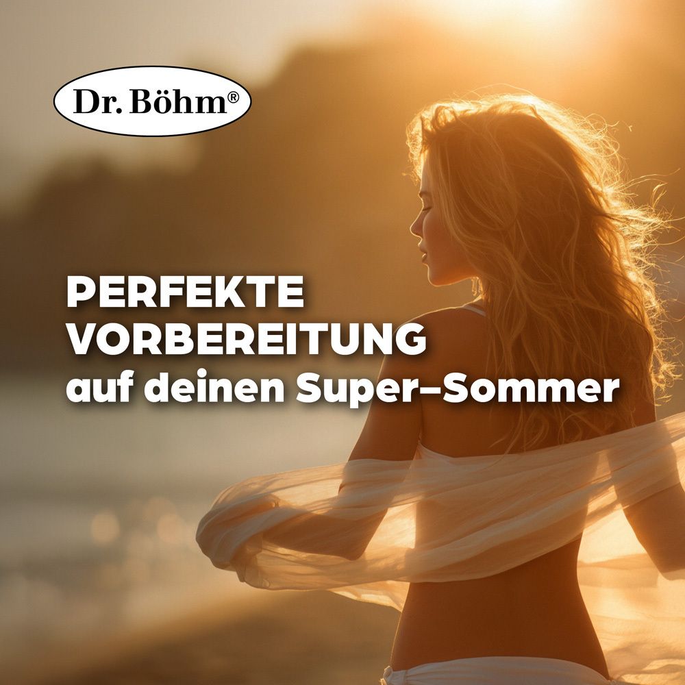 Femme au soleil. Texte : PRÉPARATION PARFAITE pour votre super été. Logo : Dr. Böhm®.