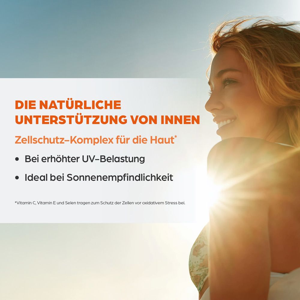 Femme au soleil. Texte : LE SOUTIEN NATUREL DE L'INTÉRIEUR. Complexe de protection cellulaire pour la peau.