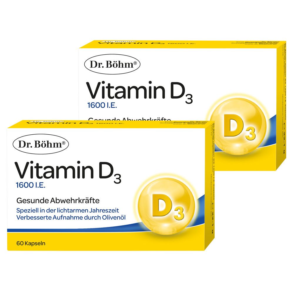 Boîte jaune avec "Dr. Böhm Vitamin D3 1600 I.E.". Contient 60 gélules. Symbole D3 jaune.