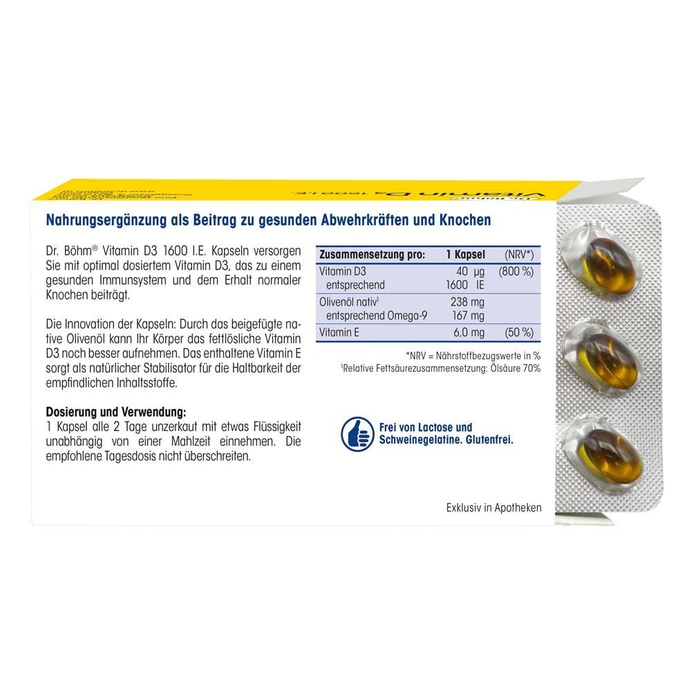 Emballage avec gélules. Tableau des ingrédients: Vitamine D3, huile d'olive, vitamine E. Texte sur la posologie et l'utilisation.