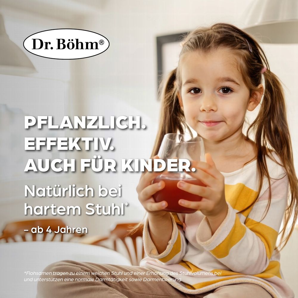 Fille buvant une boisson. Texte : Végétal, efficace, aussi pour les enfants. Naturellement en cas de selles dures.