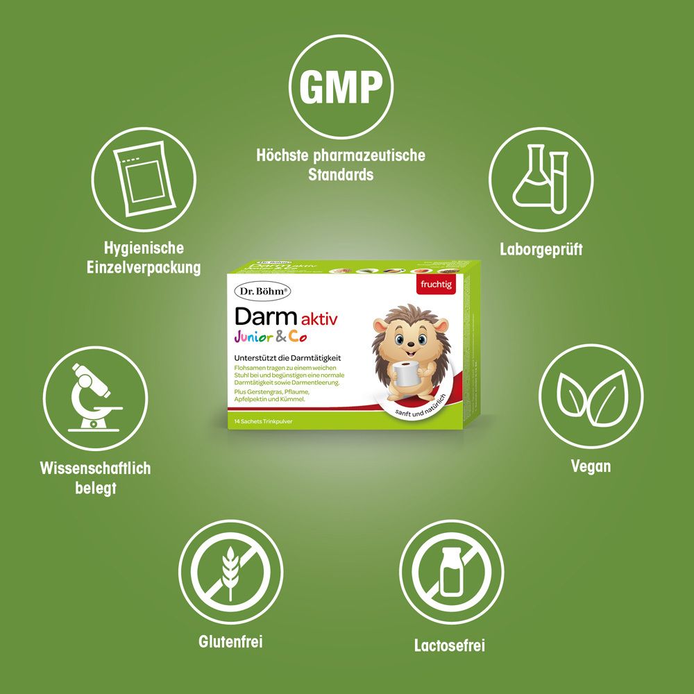 Boîte Dr. Böhm Darm aktiv Junior & Co. avec sceaux : GMP, emballage individuel hygiénique, testé en laboratoire, végétalien, sans gluten, sans lactose.