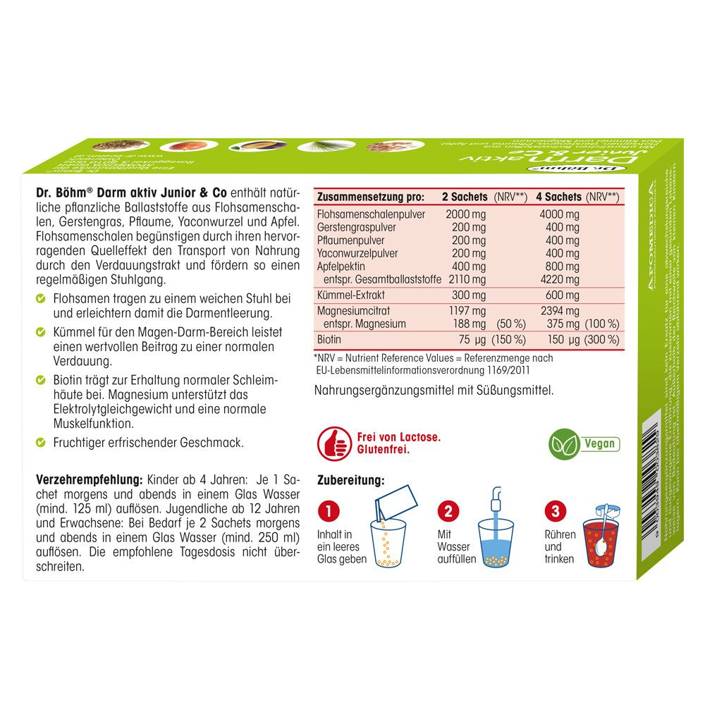 Dos de l'emballage Dr. Böhm Darm aktiv Junior & Co. Contient des informations nutritionnelles, des instructions de préparation et des conseils.