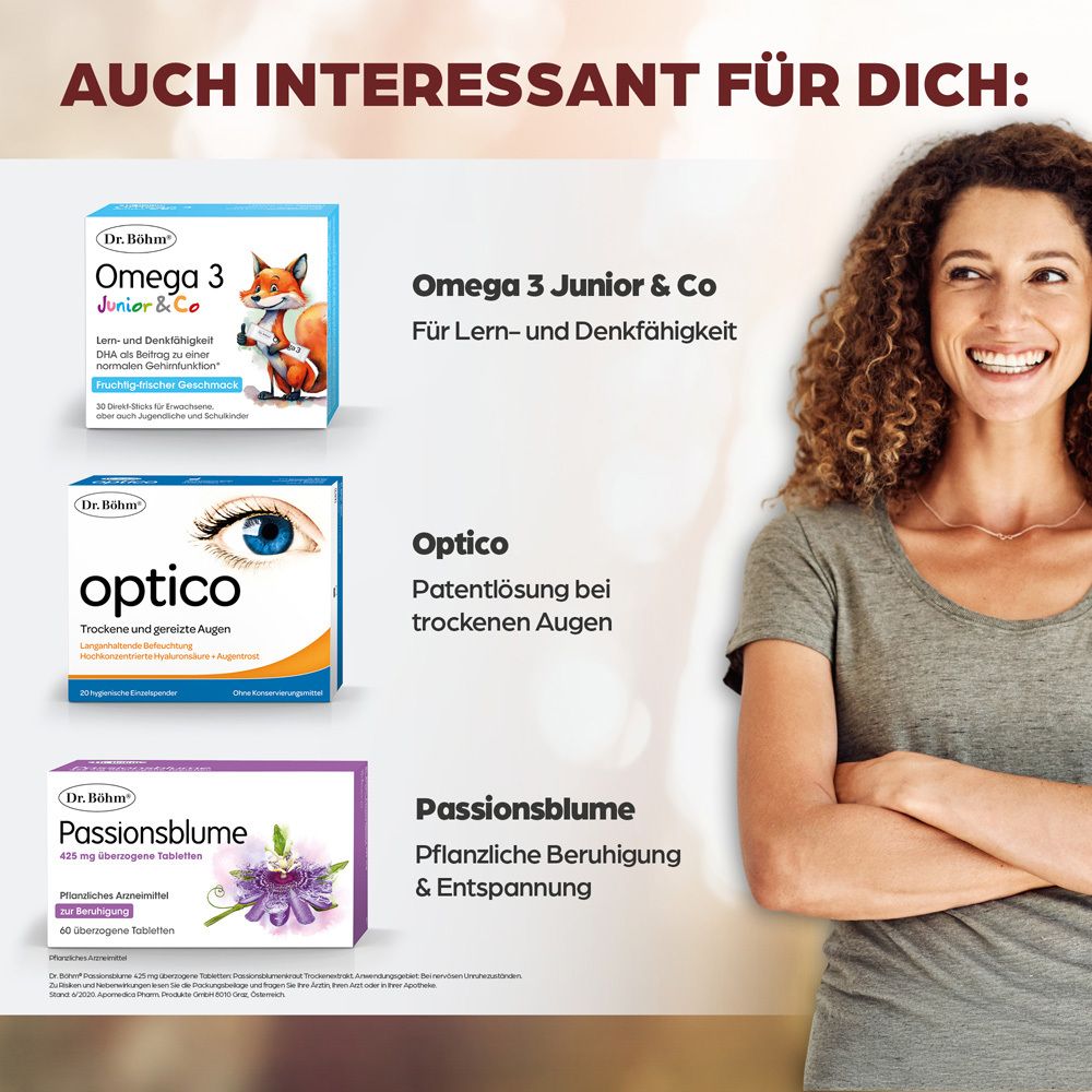 Femme souriante. Produits : Omega 3 Junior & Co, Optico, Passiflore. Texte : Également intéressant pour vous.