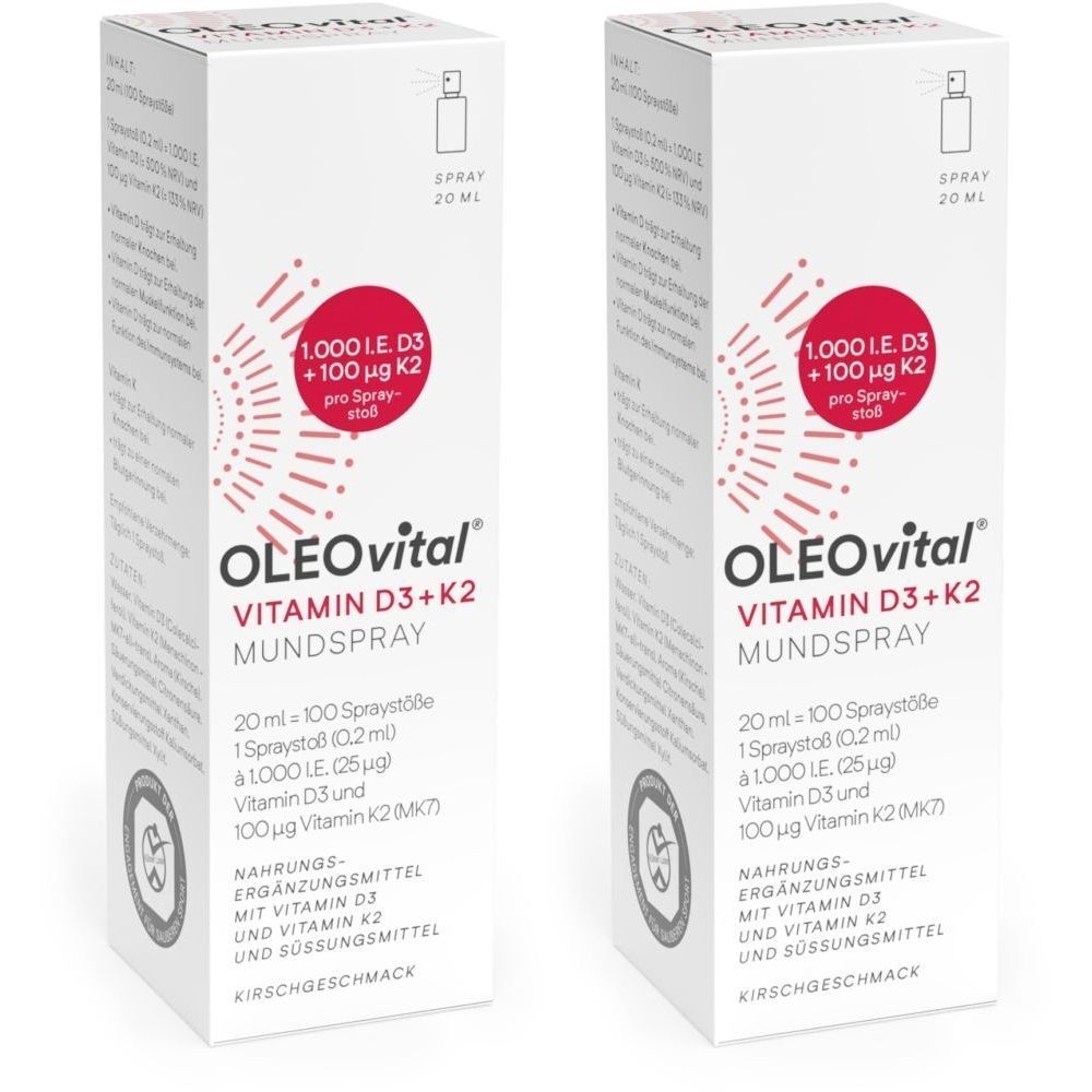 Deux boîtes blanches de spray buccal OLEOvital Vitamine D3+K2. Inscriptions : 1 000 UI D3 + 100 µg K2, 20 ml, goût cerise.