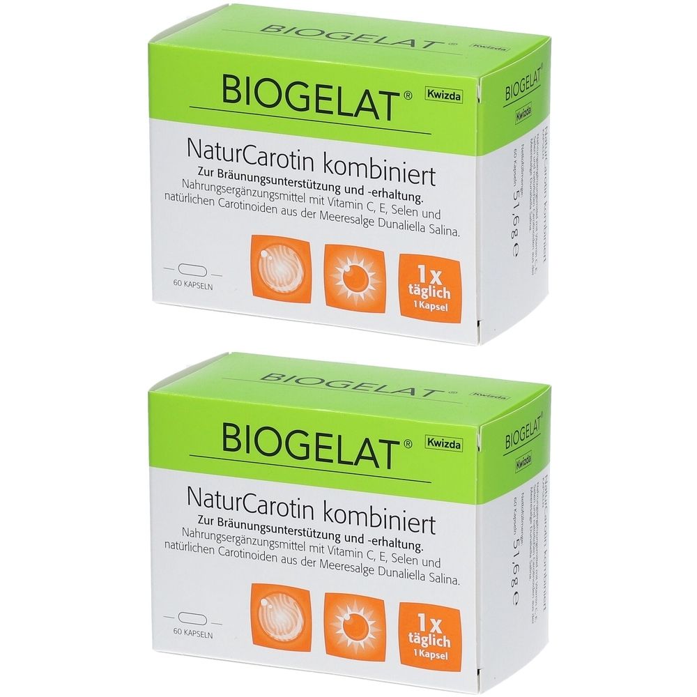 Deux boîtes de BIOGELAT® NaturCarotin. Emballage vert et blanc avec informations et logos. Inscription : NaturCarotin kombiniert.