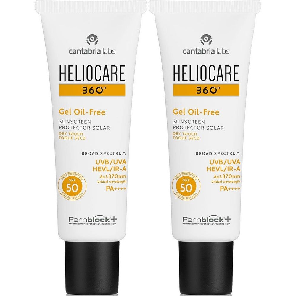 Deux tubes de HELIOCARE 360° Gel Oil-Free. Tubes blancs avec bouchons noirs. Texte : protection solaire, SPF 50.