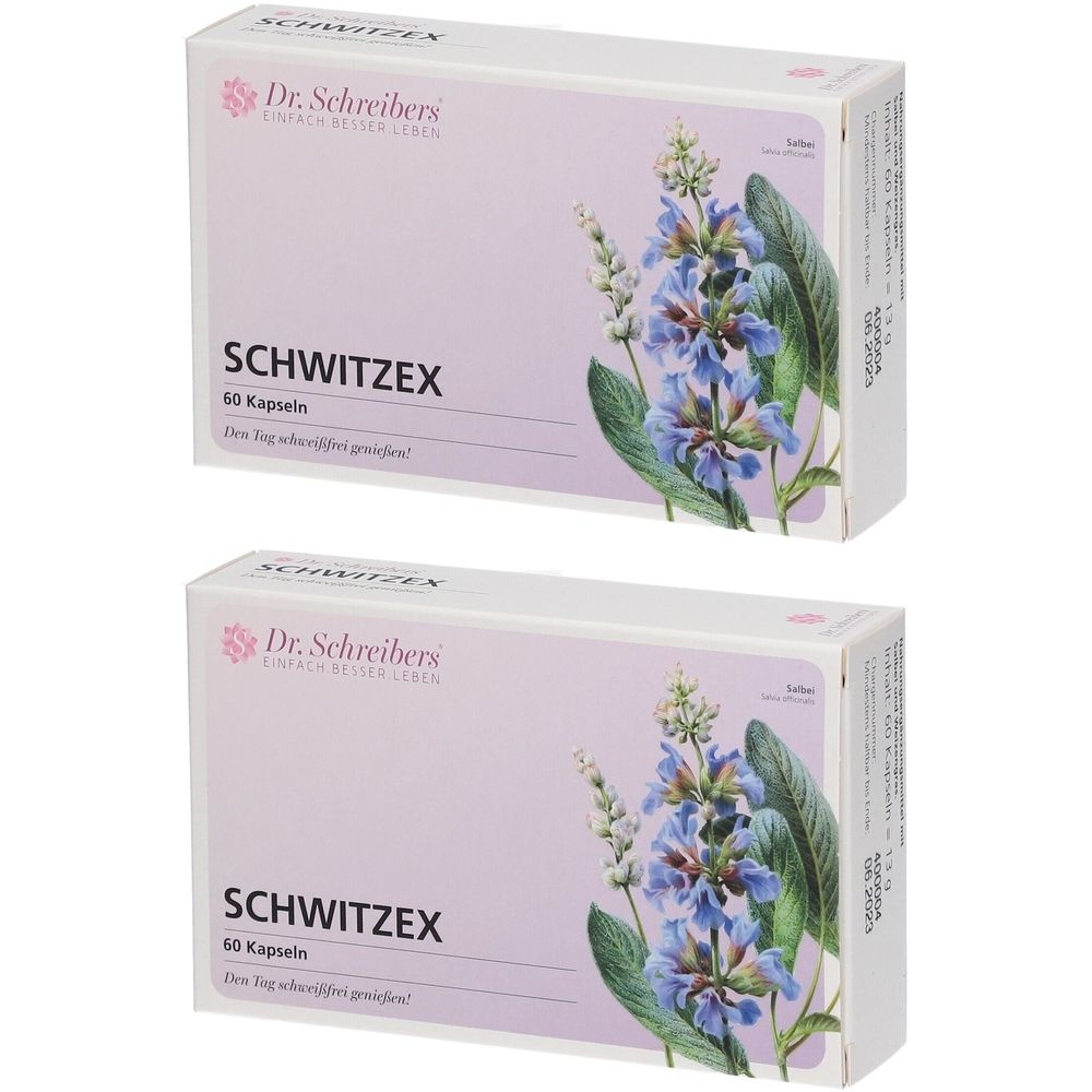 Zwei Schachteln mit dem Produktnamen SCHWITZEX. Aufdruck: Dr. Schreibers. Abbildung einer Pflanze mit blauen Blüten. 60 Kapseln.