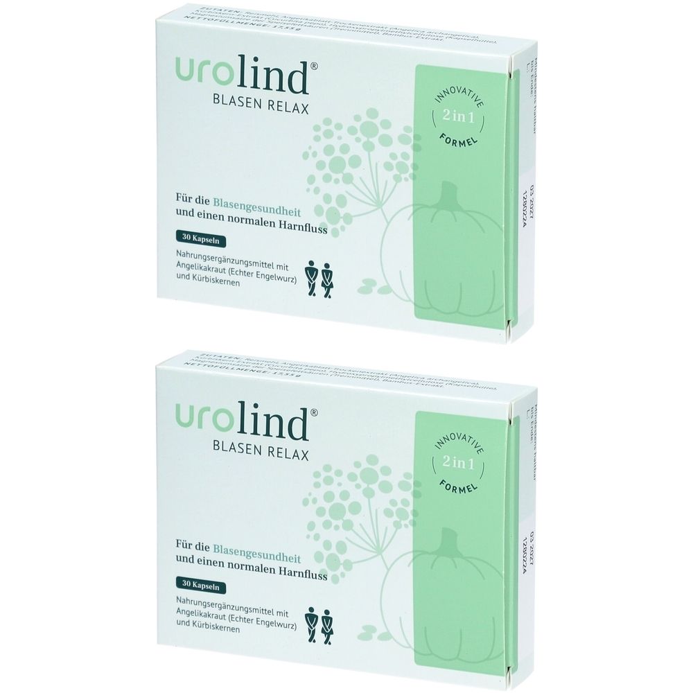 Zwei Schachteln Urolind Blasen Relax Kapseln. Weiße Verpackung mit grünen Akzenten und Produktinformationen. 30 Kapseln.