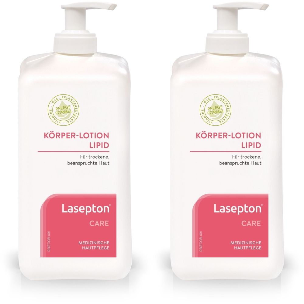 Deux flacons blancs avec pompe. Chaque flacon porte l'inscription "Körper-Lotion Lipid" et "Lasepton CARE".