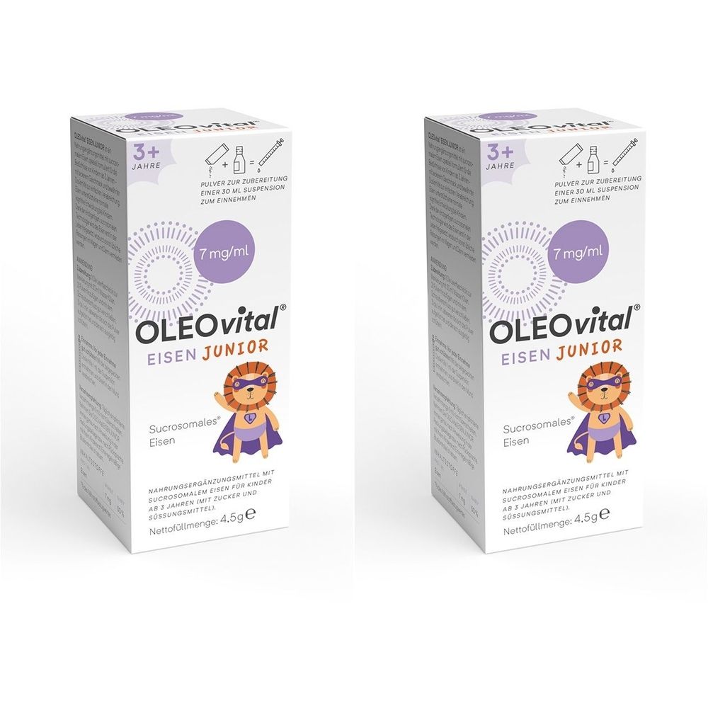 Deux boîtes blanches OLEOvital Eisen Junior. Inscriptions : 3+, 7 mg/ml, logo, nom du produit, illustration d'un lion. Poids net : 4,5 g.