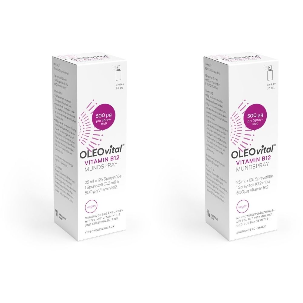 Deux boîtes blanches de spray buccal OLEOvital vitamine B12. Inscription : 500 µg par pulvérisation. Symbole de flacon.