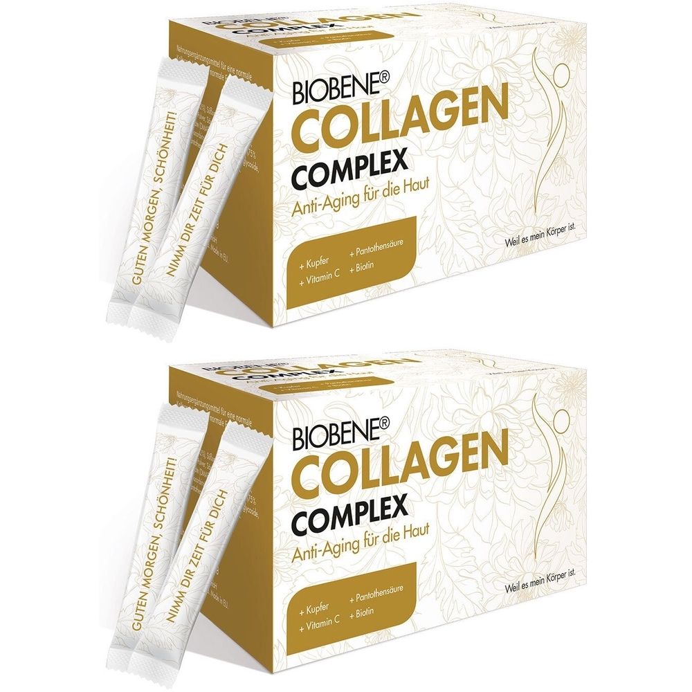 Deux boîtes de BIOBENE® Collagen Complex. Inscription : Anti-âge pour la peau. Deux sachets avec : Bonjour, beauté ! Prenez du temps pour vous.