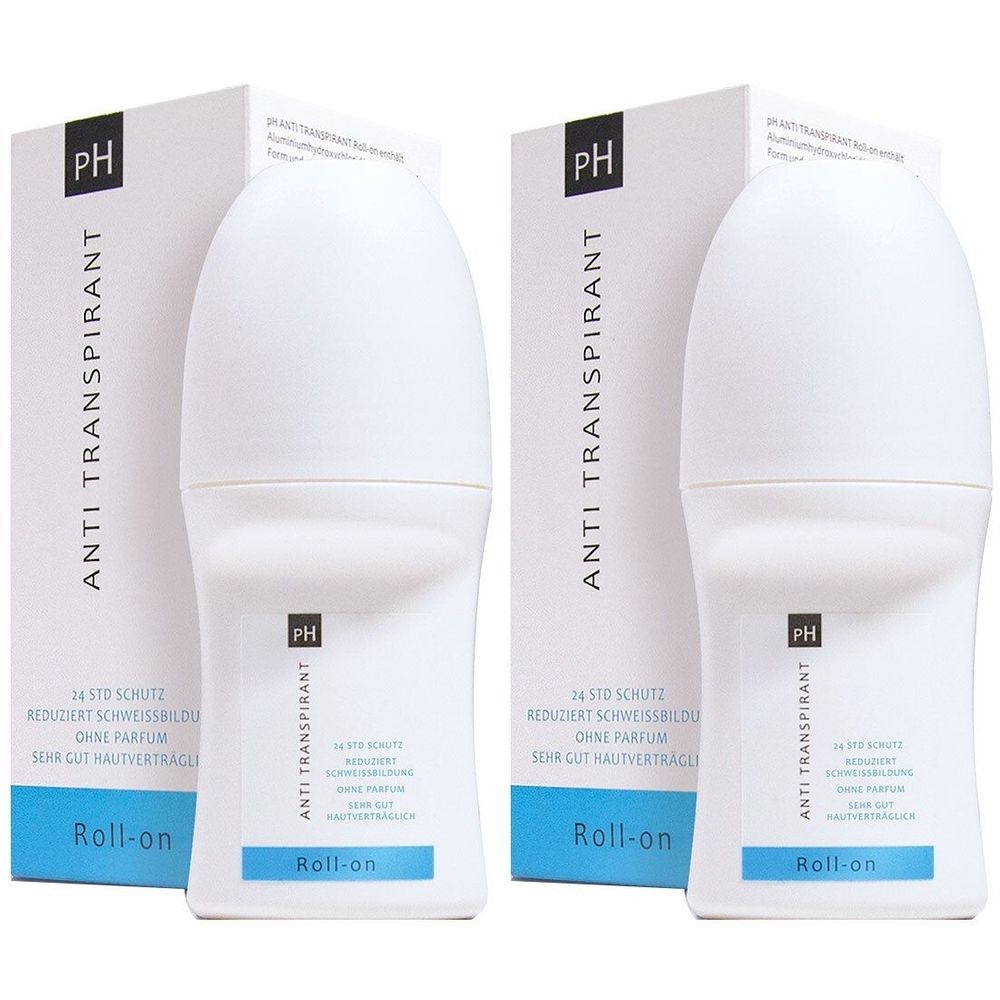 Zwei weiße Roll-on-Deodorants mit Verpackung. Aufschrift: PH, Anti-Transpirant, Roll-on. Blaue Akzente. Ohne Parfum.