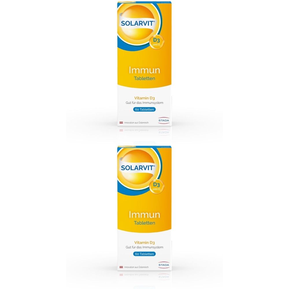 Deux boîtes de Solarvit Immun Tabletten D3. Boîtes jaunes avec nom et logo du produit. Vitamine D3 pour le système immunitaire.