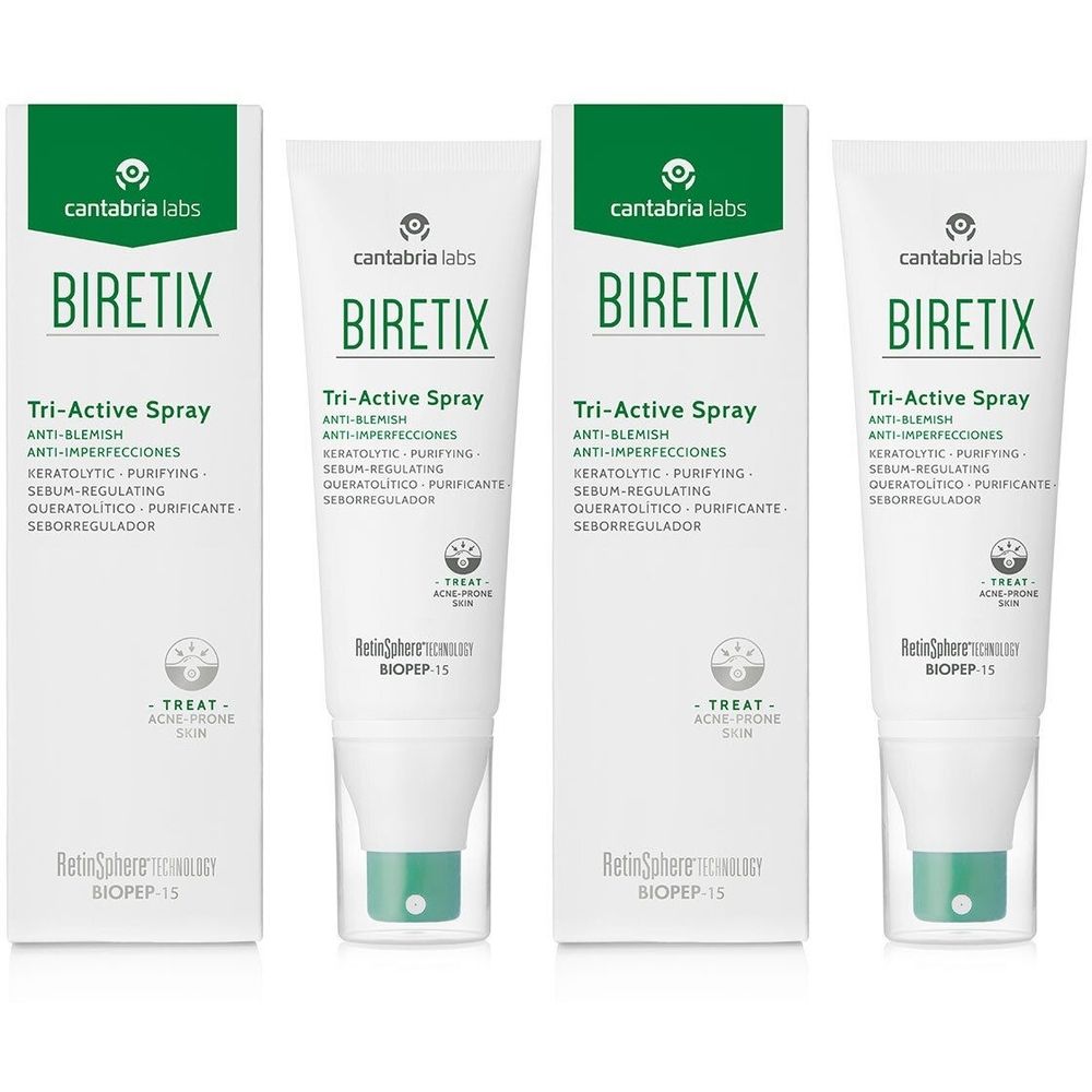 Mehrere Tuben und Schachteln mit der Aufschrift BIRETIX Tri-Active Spray. Weiße Tuben mit grünem Sprühkopf und grüne Schachteln.