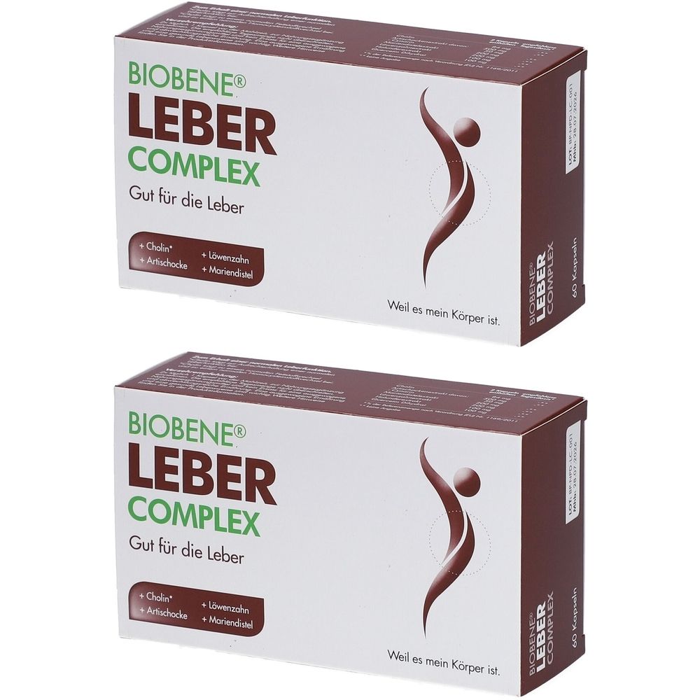 Deux boîtes de BIOBENE® LEBER COMPLEX. Emballage marron et blanc avec logo et texte. Contient 60 gélules.