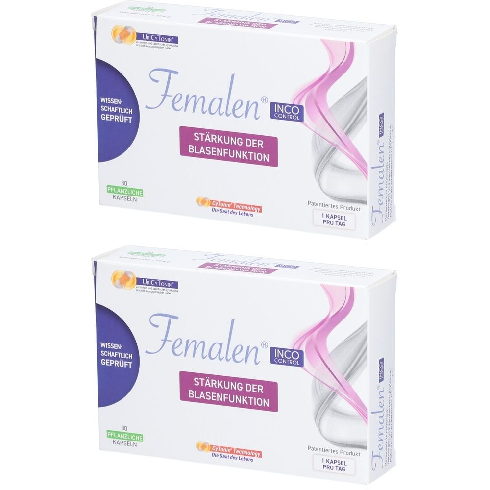 Deux boîtes blanches Femalen IncoControl. Inscription : Renforcement de la fonction vésicale. 30 gélules. Produit breveté.