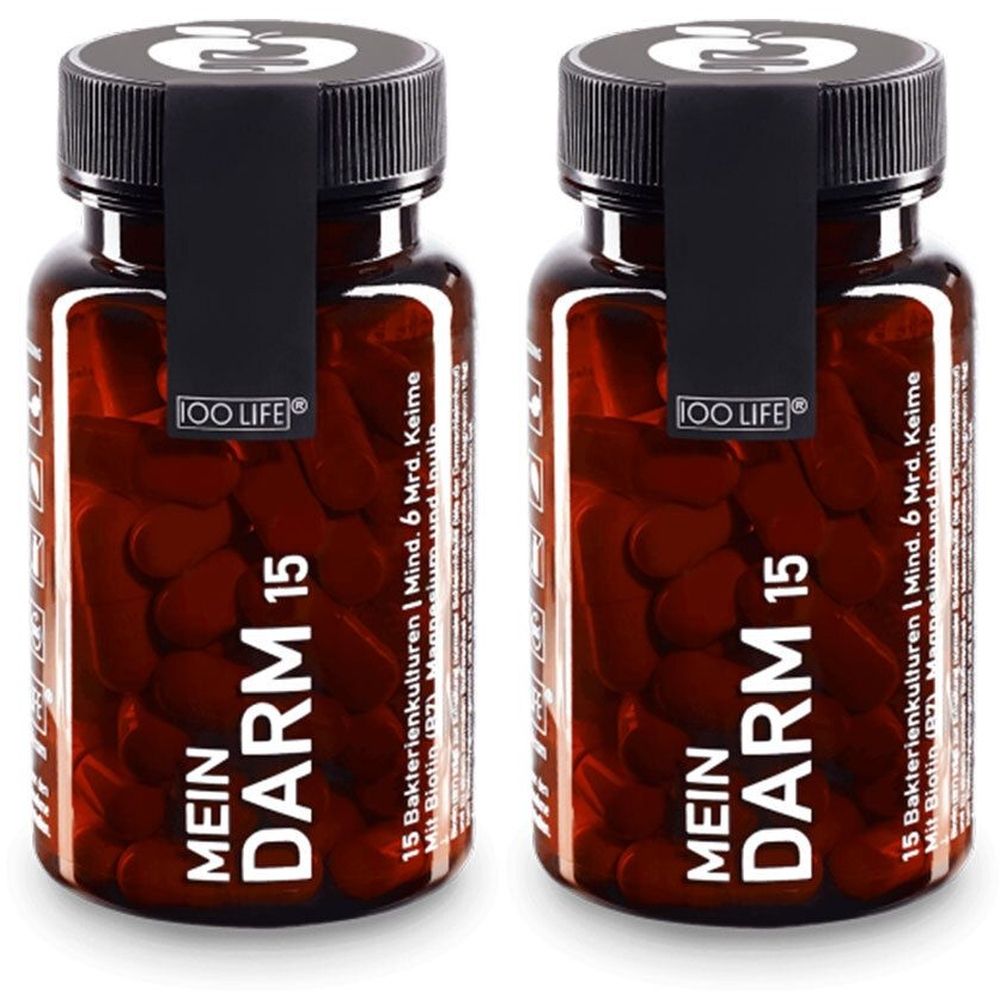 Zwei braune Flaschen mit Kapseln. Aufschrift: MEIN DARM 15. Schwarzer Deckel mit Logo. Etikett mit Produktinformationen.