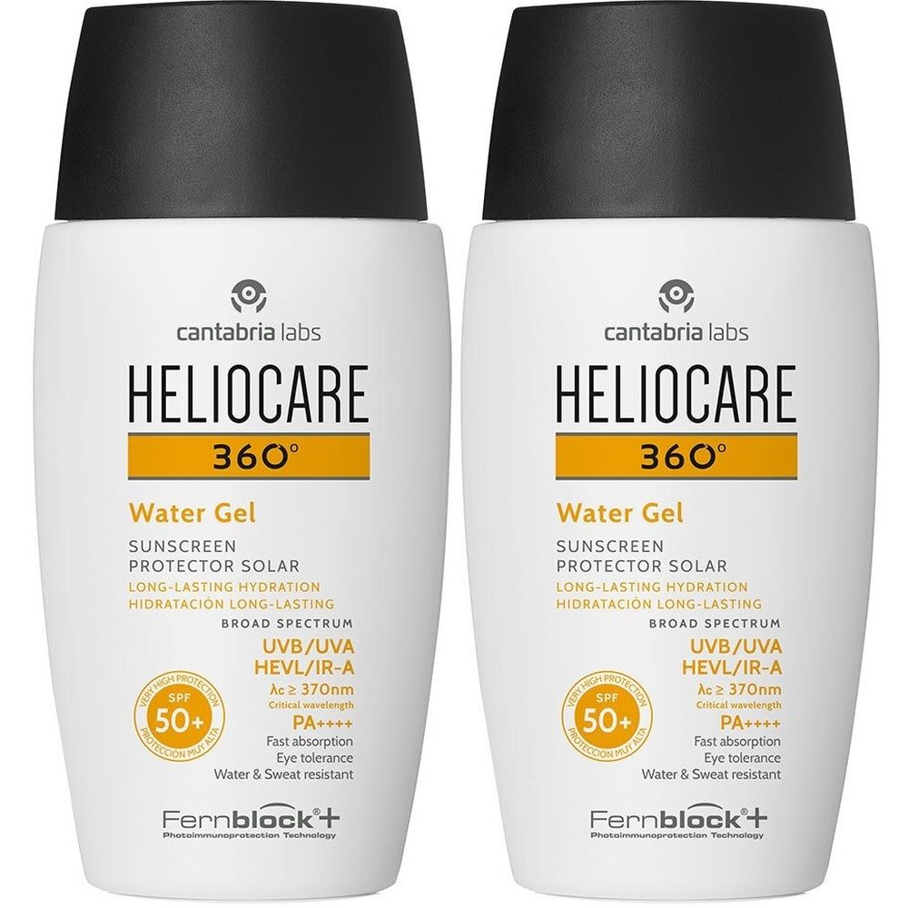 Zwei weiße Flaschen mit schwarzem Deckel. Aufschrift: HELIOCARE 360°, Water Gel, SPF 50+. Gelbe Kreise mit SPF 50+.