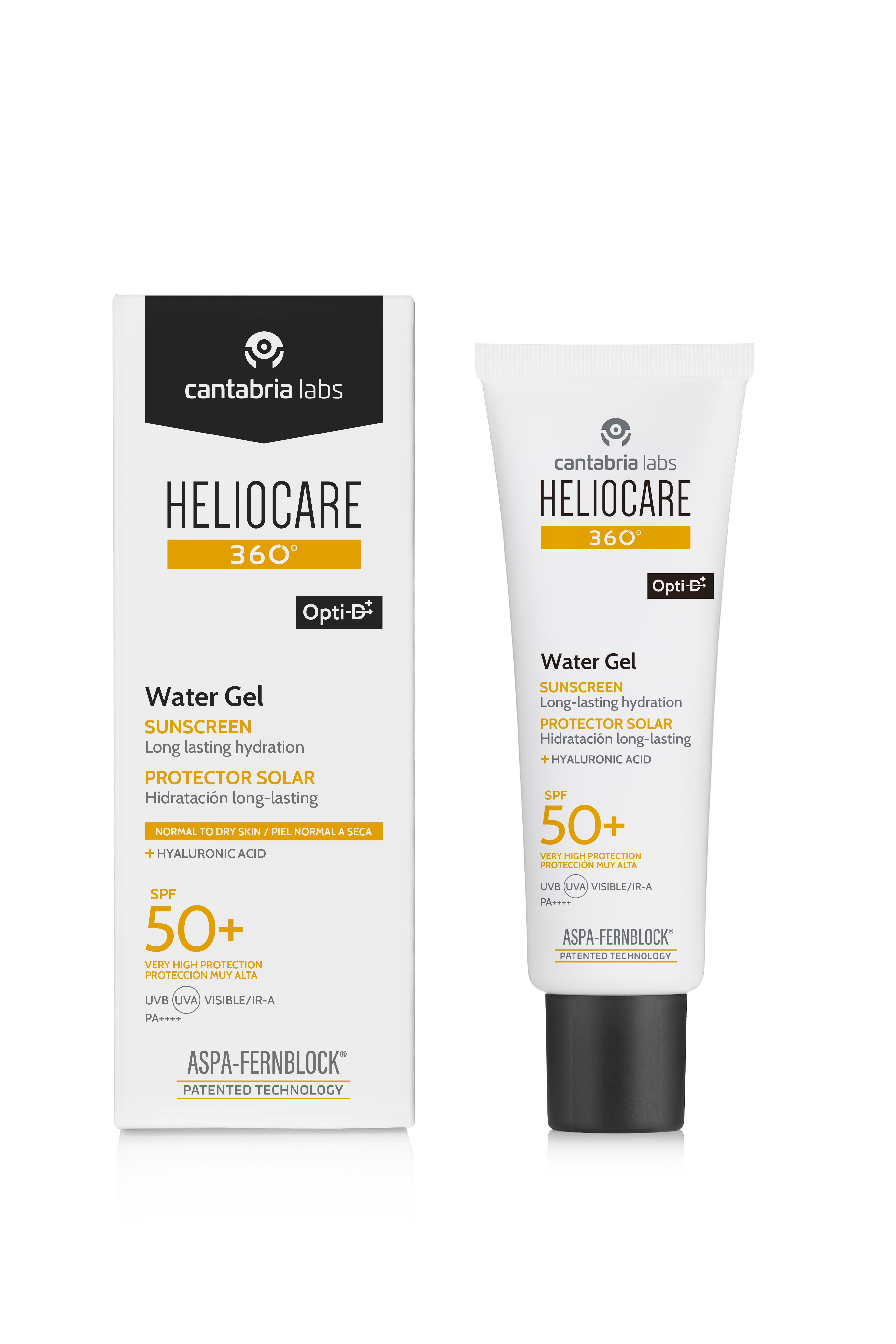 Tube et emballage blancs. Inscription: HELIOCARE 360° Water Gel SPF 50+. Accents jaunes. Opti-D®.