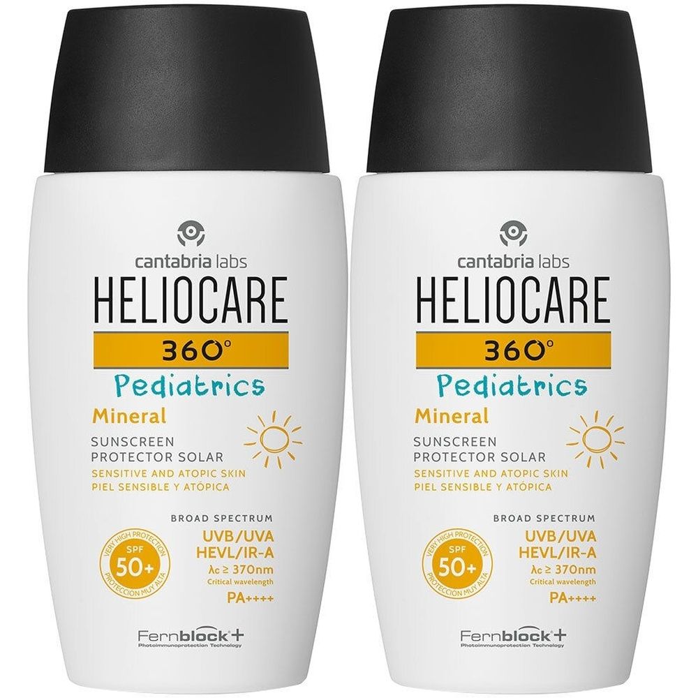 Deux flacons blancs avec bouchon noir. Inscription: HELIOCARE 360° Pediatrics Mineral LSF 50+. Écran solaire pour peaux sensibles.