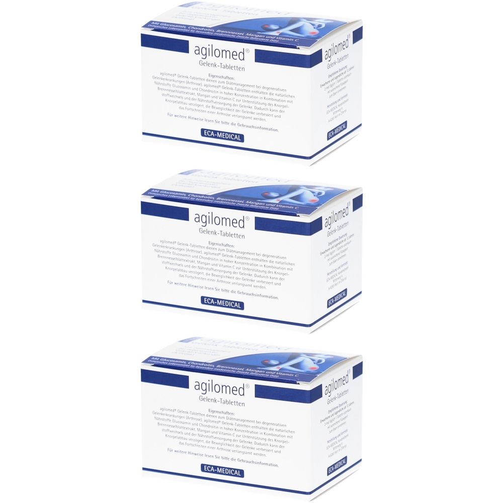 Trois boîtes blanches et bleues. Inscription: agilomed Gelenktabletten. Logo ECA-MEDICAL.
