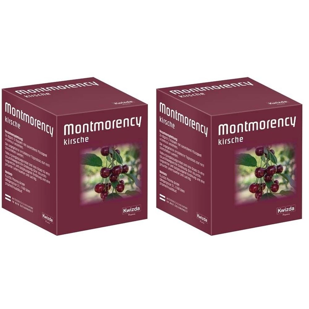 Zwei rechteckige, weinrote Kartons. Aufschrift: Montmorency Kirsche, Abbildung von Kirschen. Marke: Kwizda.