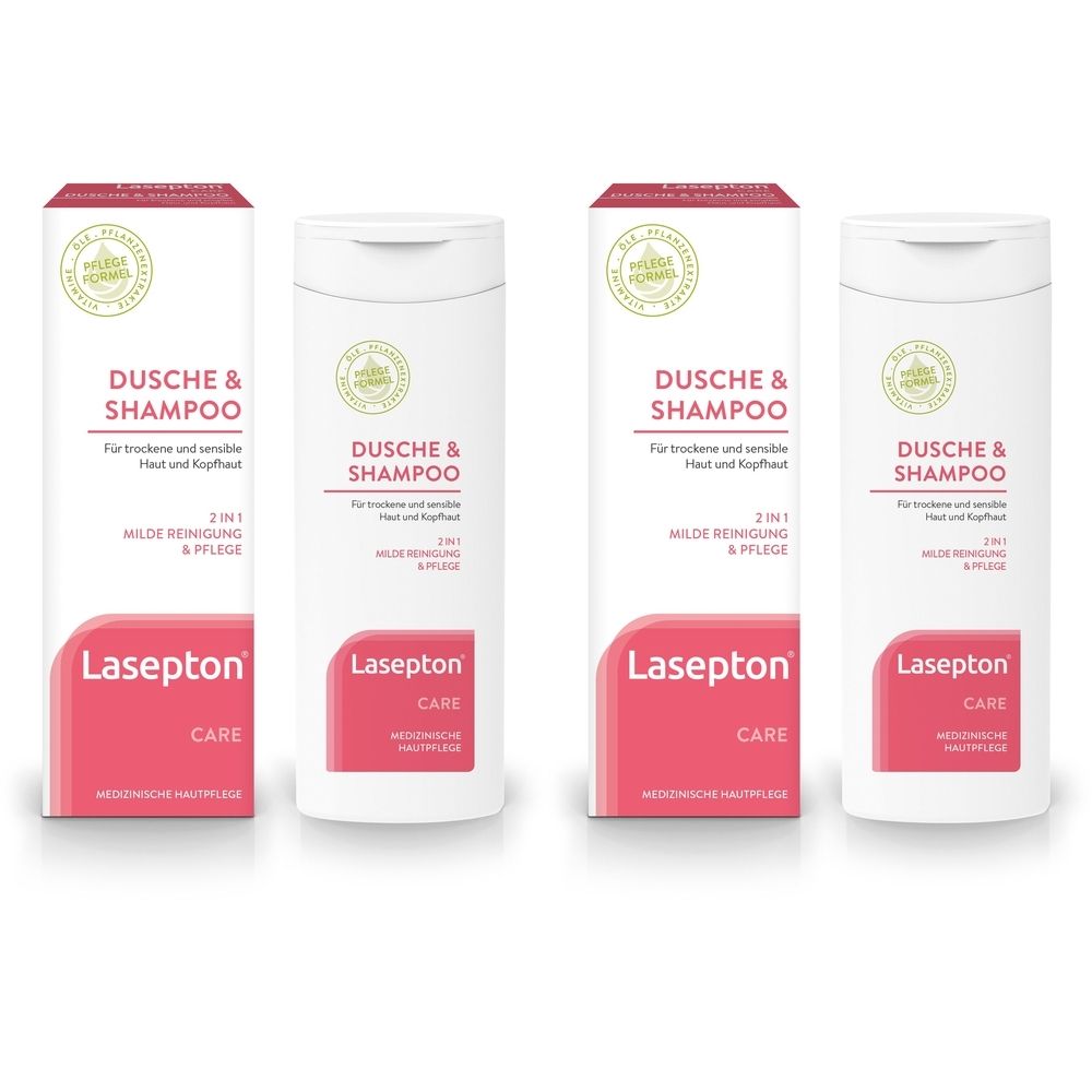 Quatre flacons blancs avec étiquettes roses. Inscription: DUSCHE & SHAMPOO, Lasepton CARE.